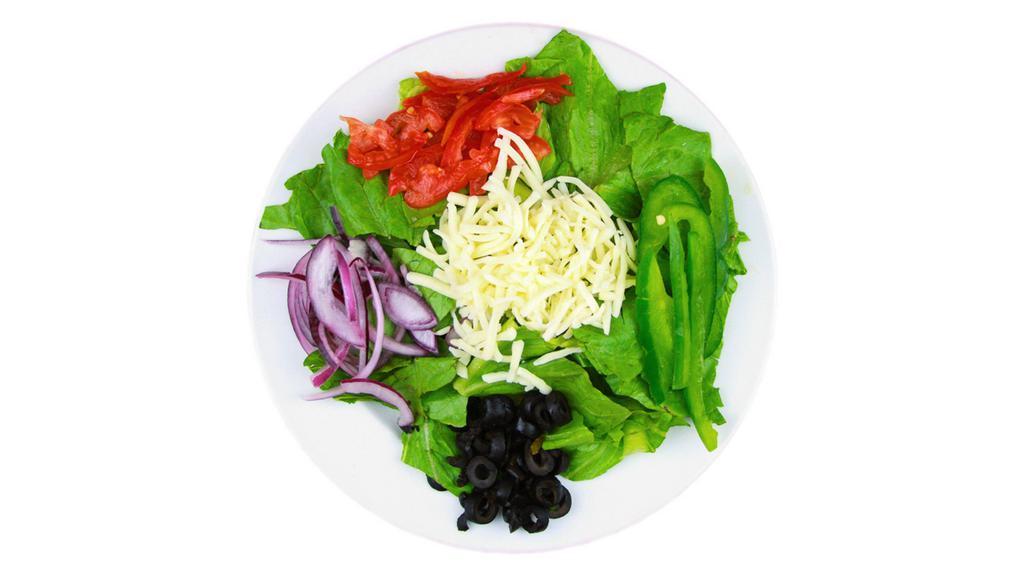 House Salad · Fresh Green Lettuce mix, Tomatoes, Black Olives, Red Onions, Bell Peppers, Shredded Mozzarella Cheese.