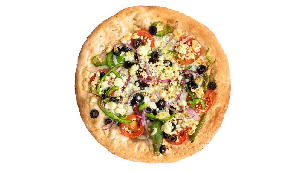 Greek Pizza · Olive Oil Base with Black Olives, Feta Cheese, Fresh Garlic, Tomato, Red Onion Bell Peppers
