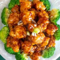 General Tso'S Chicken · Tender chunky chicken meat marinated and quickly fried till crispy served over steamed brocc...