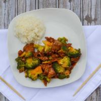 Beef With Broccoli · Served with pork fried rice.
