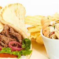 Grilled Lamb Gyro · Taziki sauce, tomatoes, mixed lettuce, and grilled onions. Served with chips and your choice...