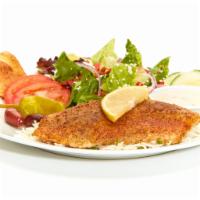 Grilled Tilapia Feast · Grilled blackened tilapia, served with our original caper-dill tartar sauce, a salad, and yo...