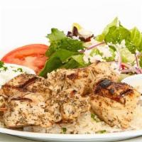 Grilled Chicken Kebobs Feast · Two kebobs served Taziki sauce, a salad, a baked pita chip, and your choice of a homemade si...