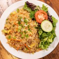 Arroz Chaufa · A Peruvian style stir-fried rice with chicken, sausage, carrots, egg and scallions. Served w...