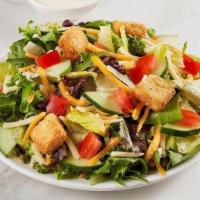 Kids Garden Salad · Crisp cucumbers, tomatoes, cheese and croutons over fresh greens with your choice of dressin...