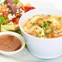 Greek Lemon Soup With Greek Salad · Bowl of our lemon chicken soup with our Greek Salad. Fresh mixed lettuce, tomatoes, cucumber...