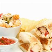 Grilled Chicken Roll-Up · With tomato and feta in a griddled flour tortilla, served with fresh salsa. Served with Chip...