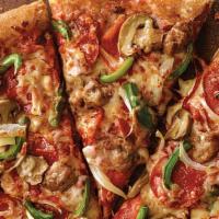 Small Deluxe Pizza · Pepperoni, Italian sausage, mushrooms, green peppers, onions, our original sauce and signatu...