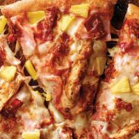 Medium Hawaiian Chicken Pizza · Ham, grilled chicken, bacon, pineapple, our original sauce and signature three cheeses.