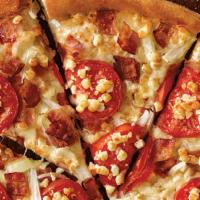 Medium White Cheezy Pizza · Bacon, onions, sliced tomatoes, white sauce and our signature three cheeses, plus feta.