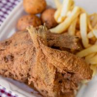 Spot (1 Pc) & Oysters (5 Pcs) · Served with fries, 3 pieces of hush puppies, and coleslaw.