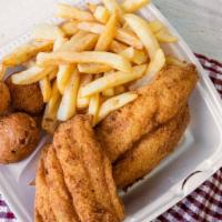 Fried Catfish (2 Pcs) · Served with fries, 3 pieces of hush puppies, and coleslaw.