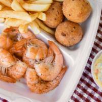 Large Shrimps (6 Pcs) · Served with fries and 3 pieces of hush puppies.