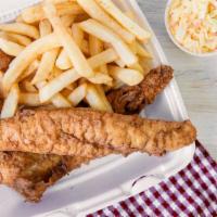 Fried Whiting · Served with fries, 3 pieces of hush puppies, and coleslaw.