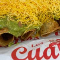 5 Rolled Beef Taquitos  Topped With Guacamole & Cheese  · 5 Fried Shredded Beef Rolled Tacos Topped With  Cheddar Cheese And Guacamole