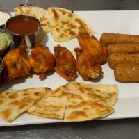 Smapler Plate 1 · Mini cheese quesadillas, chicken wings, and cheese sticks served with sour cream, guacamole,...