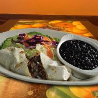 Burrito California · Extra-big burrito filled with steak, chihuahua cheese, and pico de gallo served with black b...