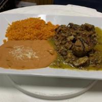 Chile Verde · Chunks of pork blended with mild tomatillo sauce, green peppers, onions, and spices. Served ...