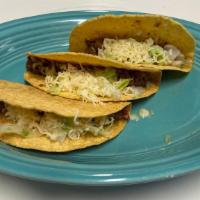 3 Tacos · All tacos served in a soft corn tortilla, and include cilantro, onions, and salsa verde. Ser...