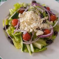 Greek Salad · Romaine lettuce, tomatoes, cucumbers, kalamata olives, onions, and feta cheese with house dr...