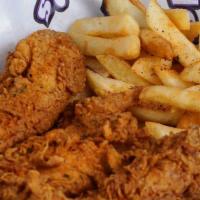 4 Pc W/ Fries · 4 wonderfully flavored Tenders  in honor of the Queen served w/ a slab of fries