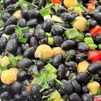 Black Bean Salad · Vegetarian. Black beans, chickpeas, diced bell peppers, parsley, cilantro, jalapenos, green ...