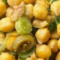 Chickpea Salad · Vegetarian. Chickpeas, scallions, parsley, green olives, olive oil, lemon juice, and spices....