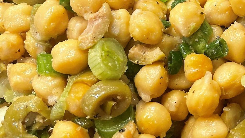 Chickpea Salad · Vegetarian. Chickpeas, scallions, parsley, green olives, olive oil, lemon juice, and spices. (Vegan, Gluten Free)