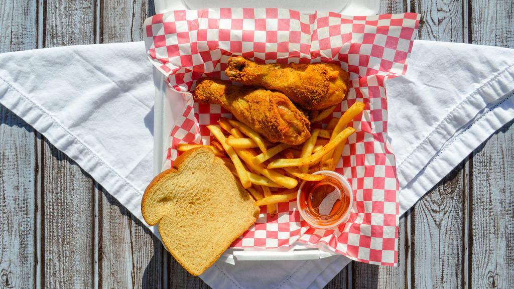 2Pc  Chicken Legs · 2pc chicken legs and fries, wheat or white bread.