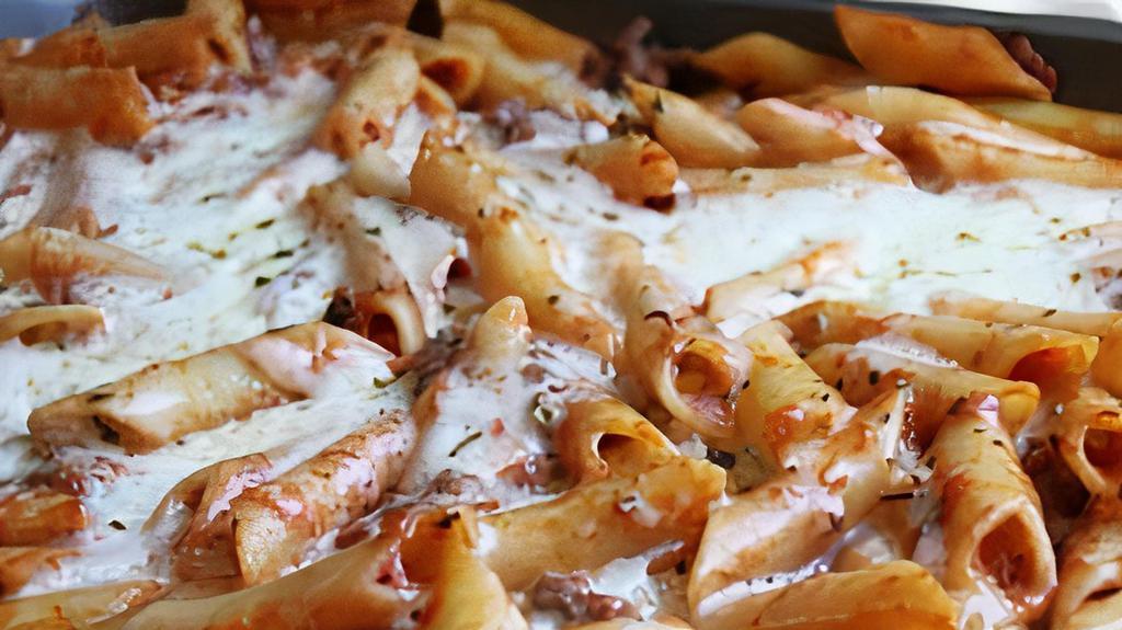 Baked Ziti · Penne noodles mixed with our homemade tomato sauce and ricotta cheese then topped with mozzarella.