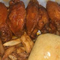 6 Pieces Wings · 6 pieces of party wings (flats and drums) includes a roll, and 1 flavor.