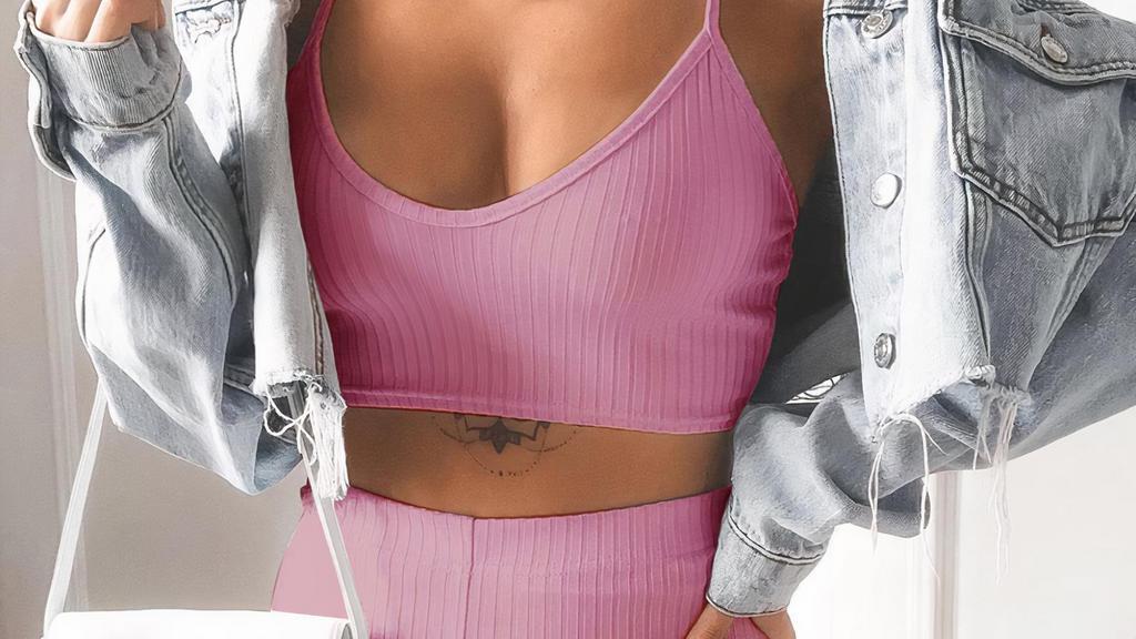 Silhouette - Set (Rose Pink) · Soft stretch two-piece spaghetti strap crop top and biker short set to dress up or dress down! It’s even nice to chill around at home for comfort! 

Fit: runs small.