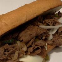 Philly Steak Sandwich · Seasoned beef comes with green peppers, onion, & melted cheese & mushrooms.