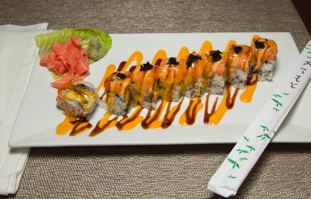 Tokyo Roll · Hot and spicy. Tempura eel, mango, avocado with spicy salmon and black tobiko on top.