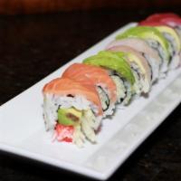 Rainbow Roll · Crabmeat, avocado, cucumber with tuna,salmon , white fish and avocado on top.