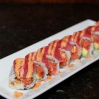 Sweet Heat Roll · Hot and spicy. Spicy tuna, avocado with tuna on the outside.