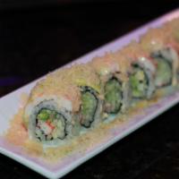 White Tiger Roll · Crabmeat, avocado, cucumber with slice avocado, steam shrimp on top.