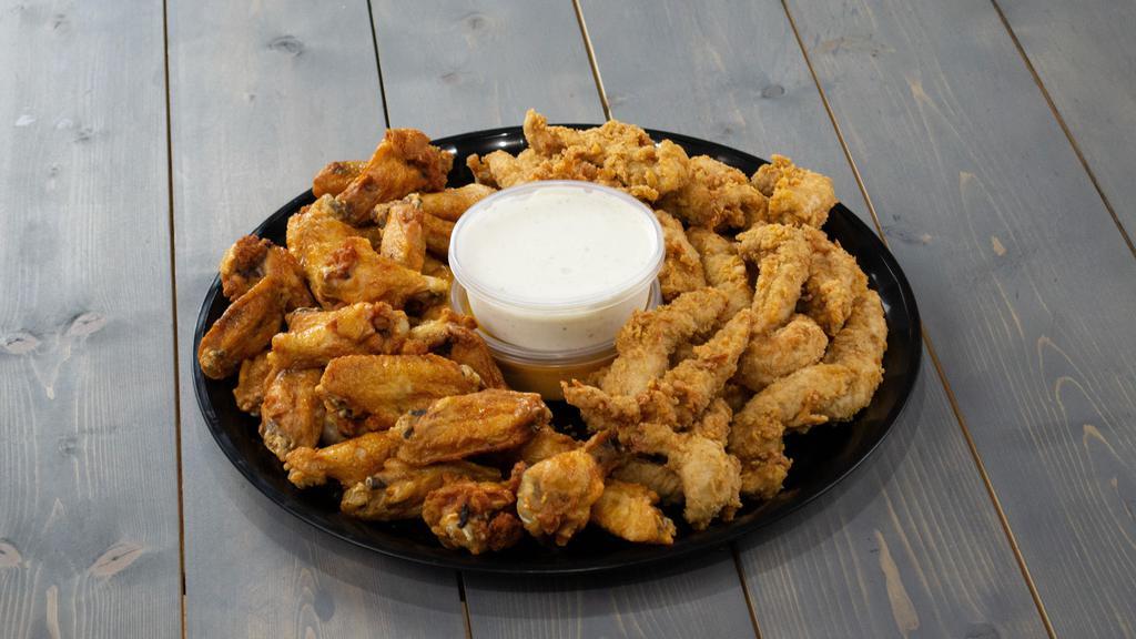 Wings And Tenders Tray · Chicken Tenders and Classic wings with your choice of sauce. Tray available in large or small.