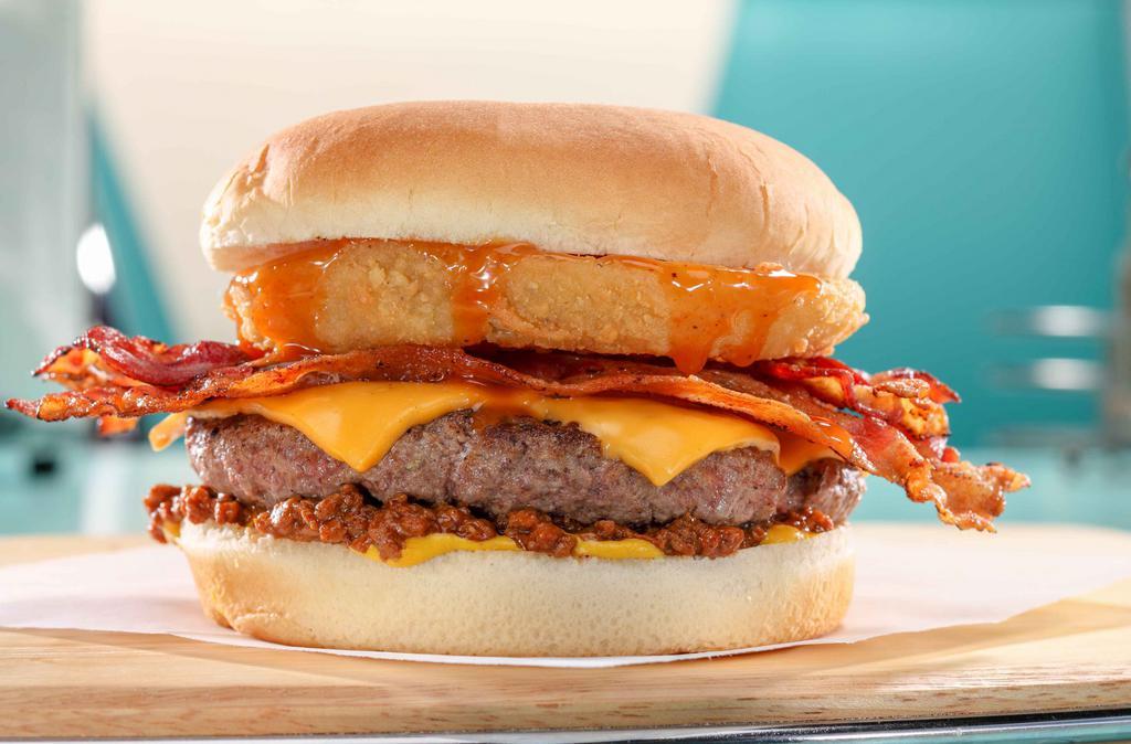 John Boy & Billy Bbq Bacon Burger  · Andy's size is 1/3 lb. of burger. Topped with your choice of American, provolone, or pepper jack cheese, mustard, chili, bacon, a crispy onion ring, and tangy john boy and billy's grillin' sauce.
