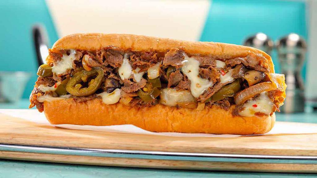 Jalapeno Jack Cheesesteak · Made with premium sliced steak. Sliced steak with sauteed mushrooms, onions, jalapenos, and melted Pepper Jack cheese.
