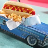 Hot Dog · Goes great with tots! Hot dog with your choice of fries, tots, or apple sauce and a soft dri...