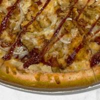 Bbq Bacon Chicken Pizza · Freshly baked pizza with a NY Style crust and smothered with BBQ sauce , topped with 100% mo...