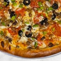 Supreme Pizza · Freshly baked pizza with a NY Style crust and our homemade pizza sauce , and topped with 100...