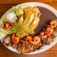 Carne Asada / Grilled Steak · Served with Salad, Rice and Bean, Guacamole, Sour Cream, Lettuce and Pico de Gallo.. Add shr...