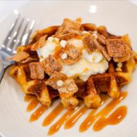 Cinnamon Caramel Crunch · Toasted Belgian waffle with cream cheese icing, cinnamon toast crunch, white chocolate chips...