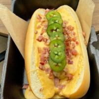 Jalapeno Pimento · All Beef Dog, House Pimento Cheese, Fresh Jalapenos, Bacon served on a Martin's Roll