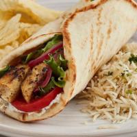 Grilled Chicken Gyro · Taziki Sauce, tomatoes, mixed
lettuce and grilled onions. (580 – 820 cal)