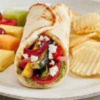 Grilled Veggie Gyro · Pesto Aioli, tomatoes, with
grilled zucchini, squash, onion,
roasted red peppers and feta. (...