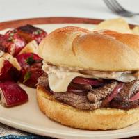 Grilled Beef Tender · With grilled onions, melted Swiss, and horseradish
sauce on a kaiser bun. (920 – 1,160 cal)