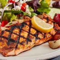 Grilled Salmon Feast · Seasoned chargrilled
blackened salmon. (1,060 / 1,170 cal)
